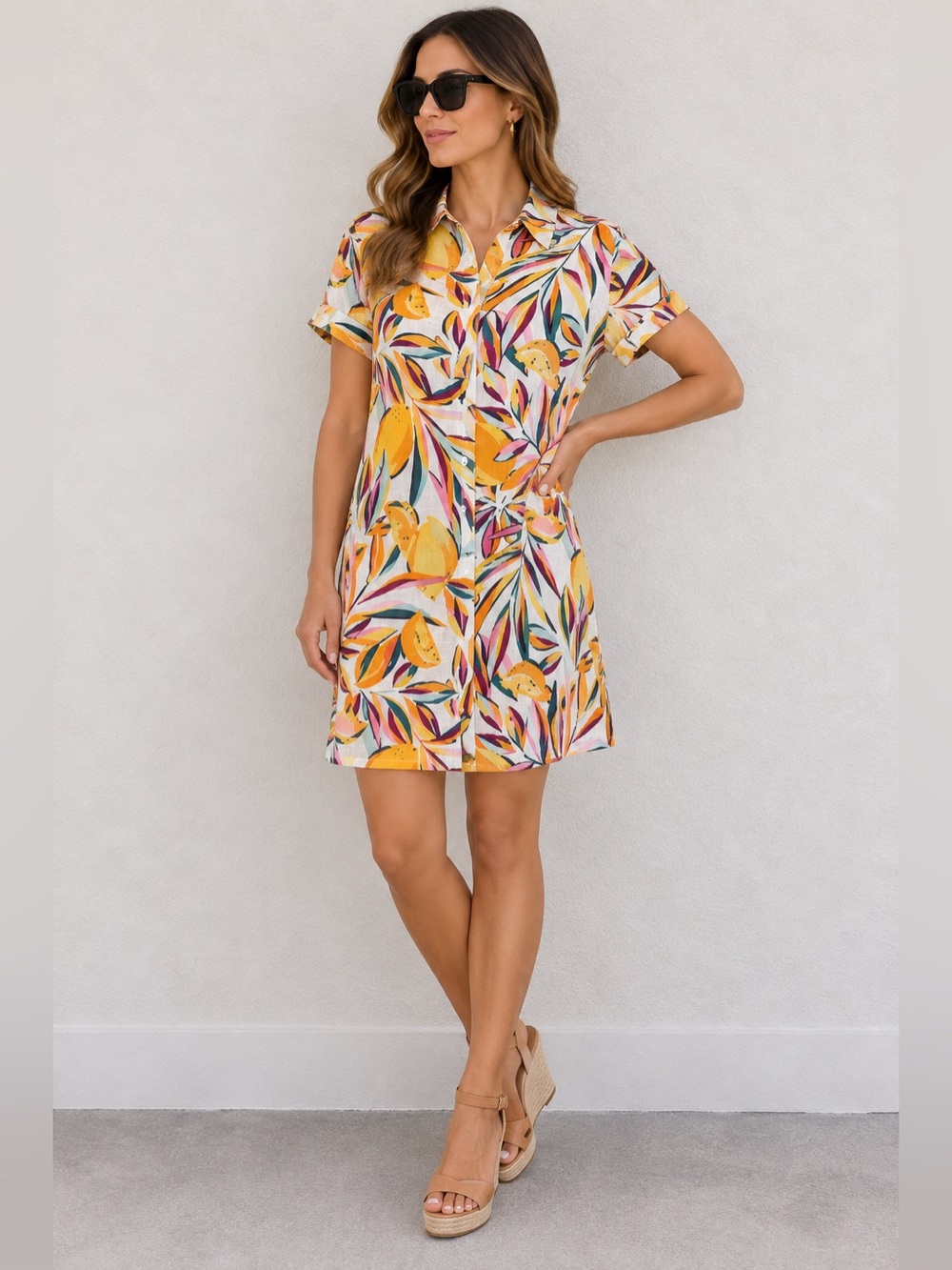 C&C California 100% Linen Shirt Dress Button Down Lemon Floral size Large